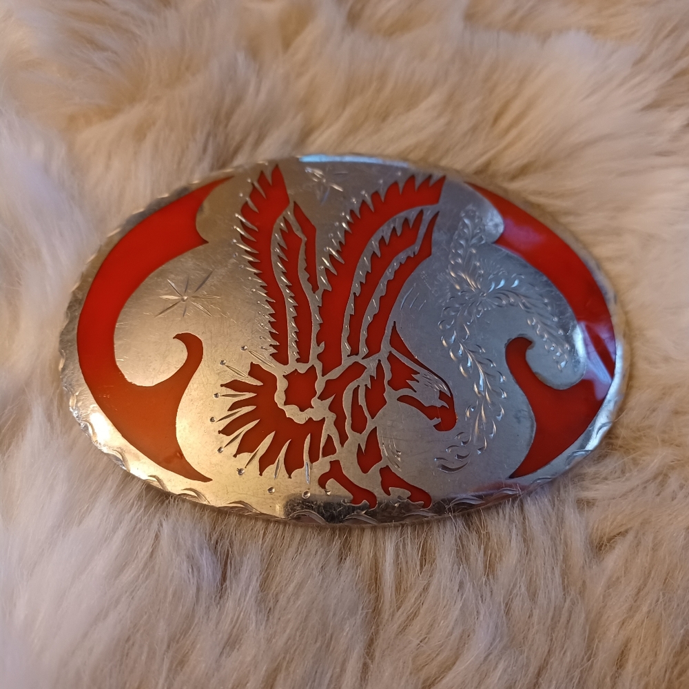 Vtg 1970s Red Coral & Silver Flying Eagle Belt Buckle